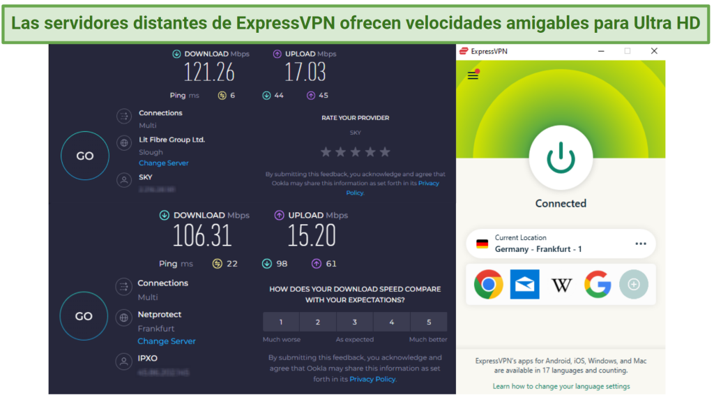 Screenshot showing the ExpressVPN app connected to a server in Germany over a browser showing an Ookla speed test