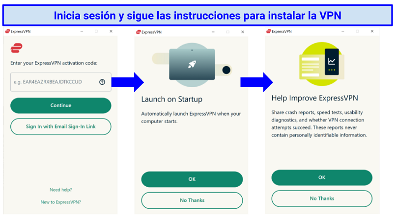 Screenshots of ExpressVPN's set-up prompts