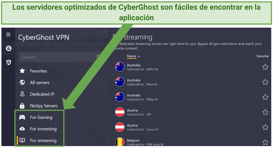 screenshot of CyberGhost's optimized servers in the app