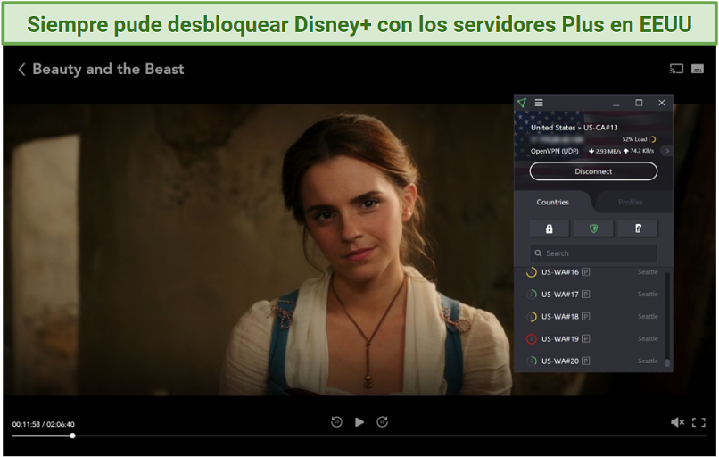 Screenshot of Disney+ player streaming Beauty and the Beast unblocked with Proton VPN 