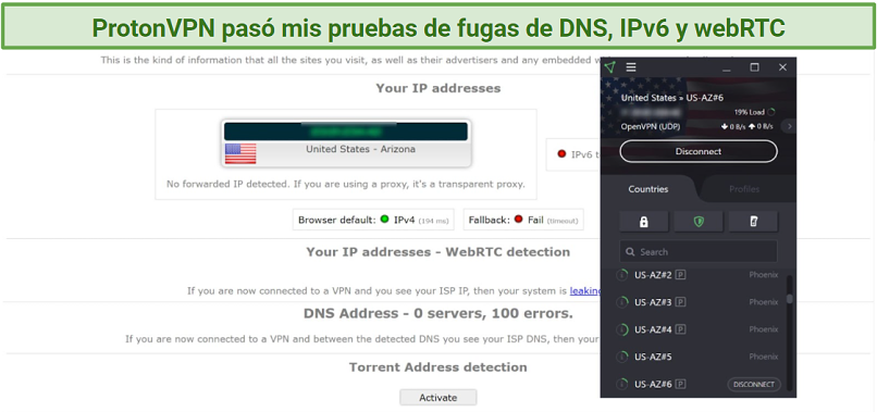 Screenshot of Proton VPN connected to the AZ#6 server during a test on ipleak.net