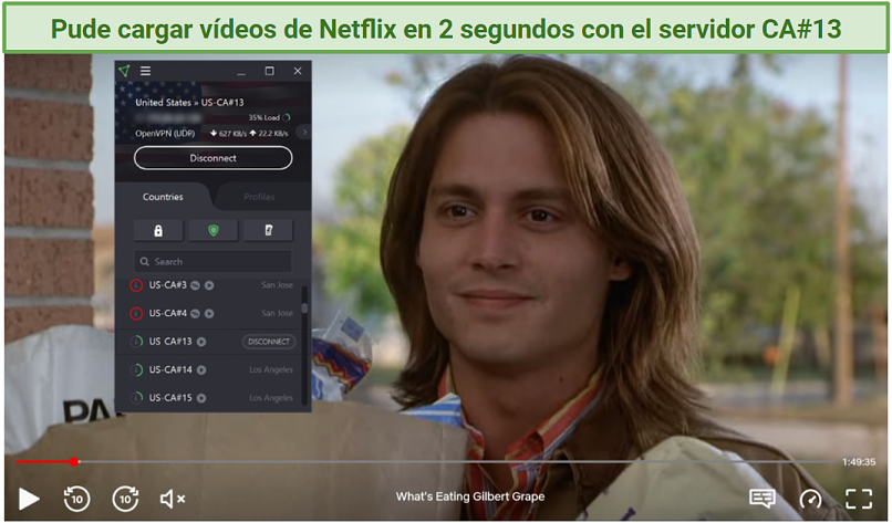 Screenshot of Netflix player streaming What's Eating Gilbert Grape while connected to Proton VPN