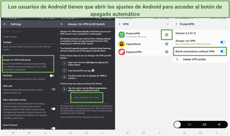 Screenshots of Proton VPN settings and Android settings needed to turn on kill switch