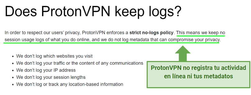 A screenshot of Proton VPN's no-logs policy stating they record no session usage logs or metadata