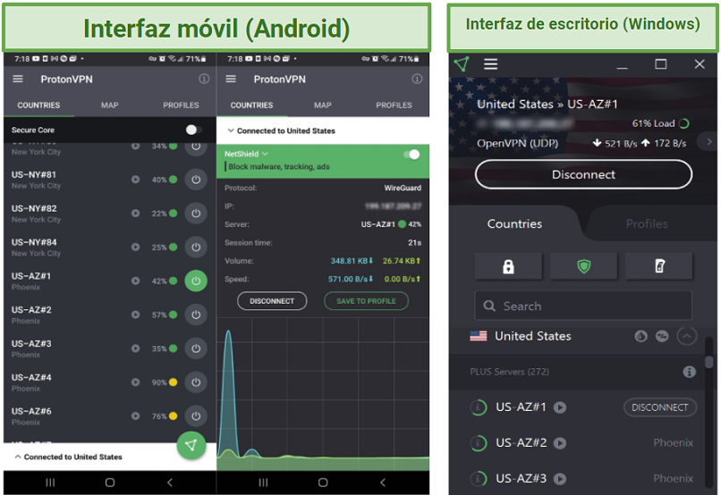 Screenshot of Proton VPN UIs for Windows and Android devices