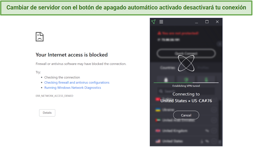 Screenshot of ipleak.net showing the kill switch blocking internet traffic while Proton VPN switched servers