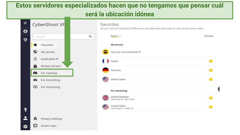 Screenshot showing where to find CyberGhost's gaming servers