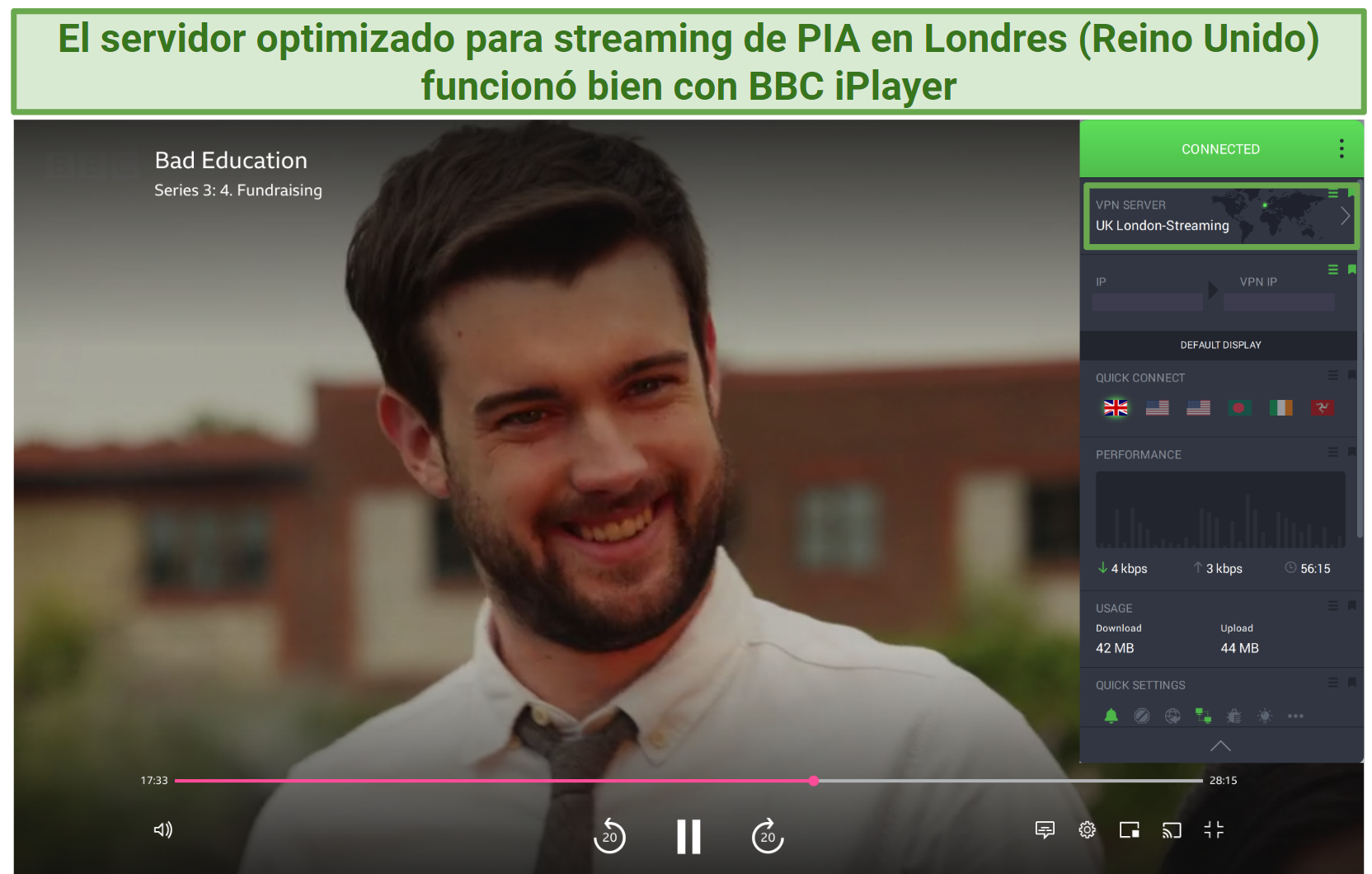 Screenshot of BBC iPlayer streaming Bad Education while connected to PIA