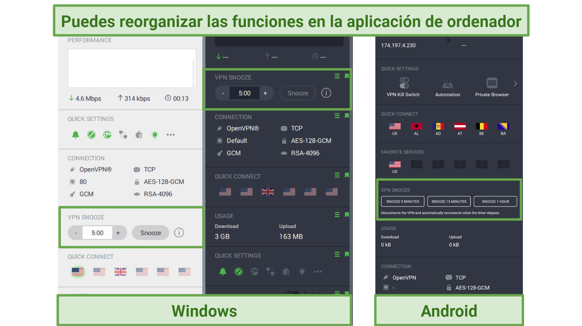 Screenshot of the Private Internet Access app with the snooze feature moved to different positions