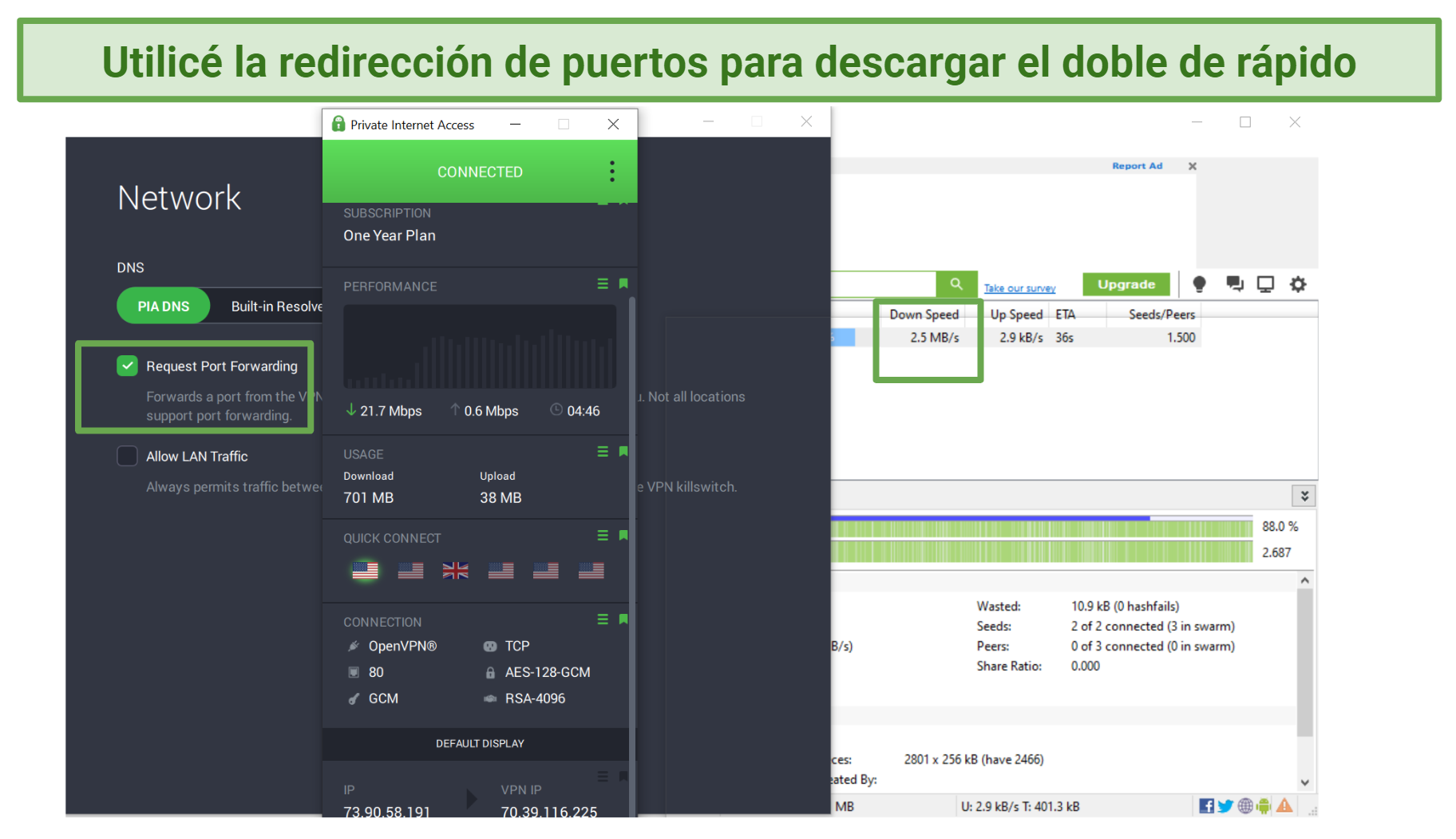 Screenshot of Private Internet Access with port forwarding on while downloading Night of the Living Dead with Utorrent