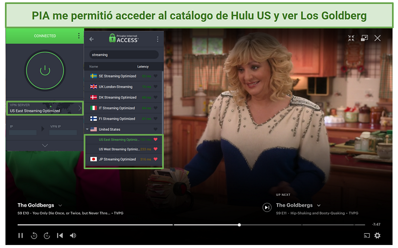 PIA's streaming servers unblocking the US Hulu library and streaming The Goldbergs