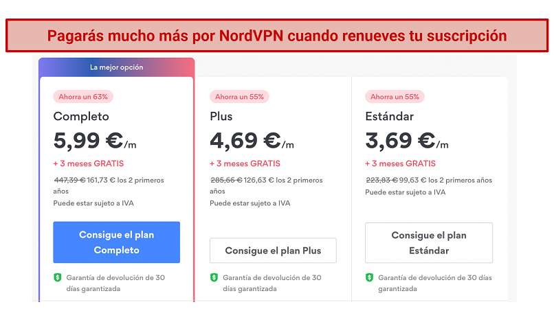 Screenshot showing NordVPN pricing with subscription renewal fee increases for 2 year plan