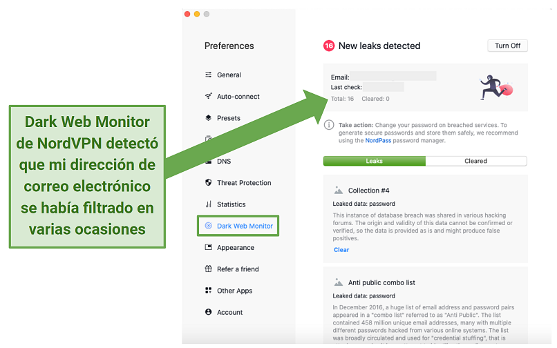 Screenshot of NordVPN's macOS app highlighting the Dark Web Monitor feature