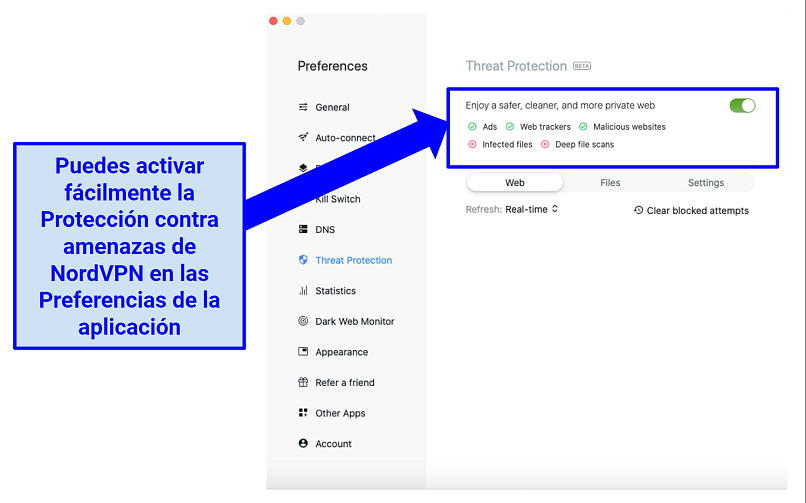 Screenshot of the NordVPN MacOS app highlighting the Threat Protection feature