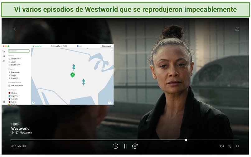 Screenshot of HBO Max player streaming Westworld while connected to NordVPN