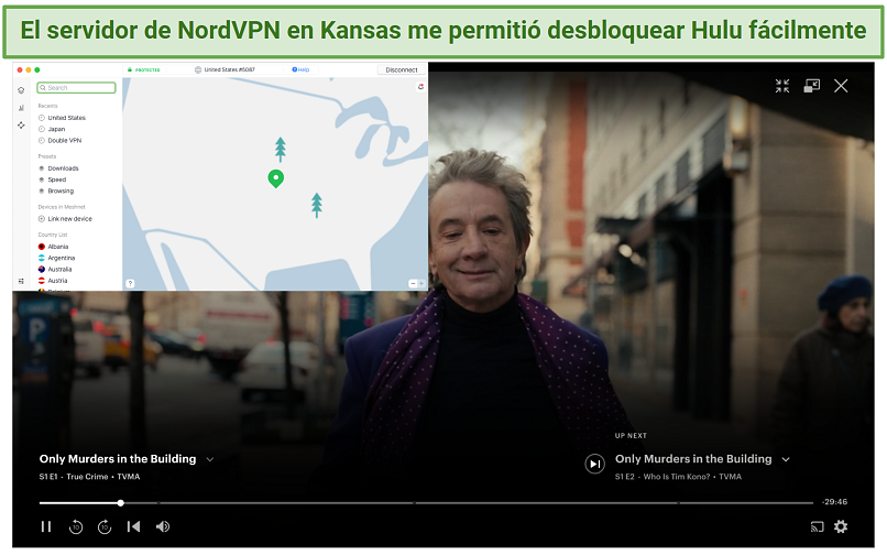 Screenshot of Hulu player streaming Only Murders in the Building while connected to NordVPN