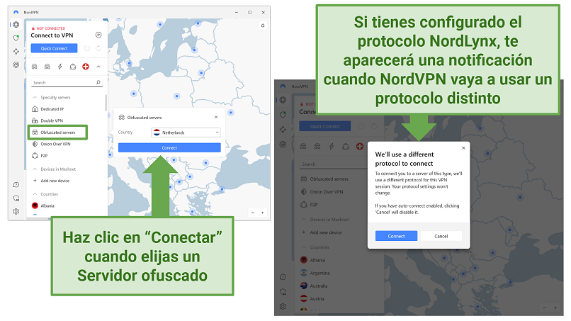 Screenshots of NordVPN's Windows app showing its Obfuscated server drop-down menu and the notification for changing protocols