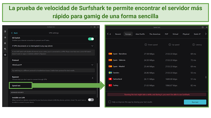 Screenshots of Surfshark's speed test feature on its Windows app showing speed results on its servers in Europe