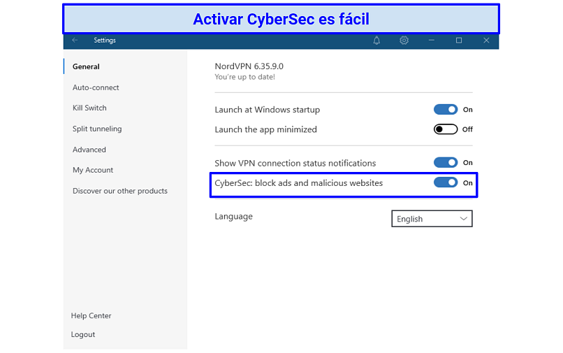 A screenshot of NordVPN's CyberSec settings