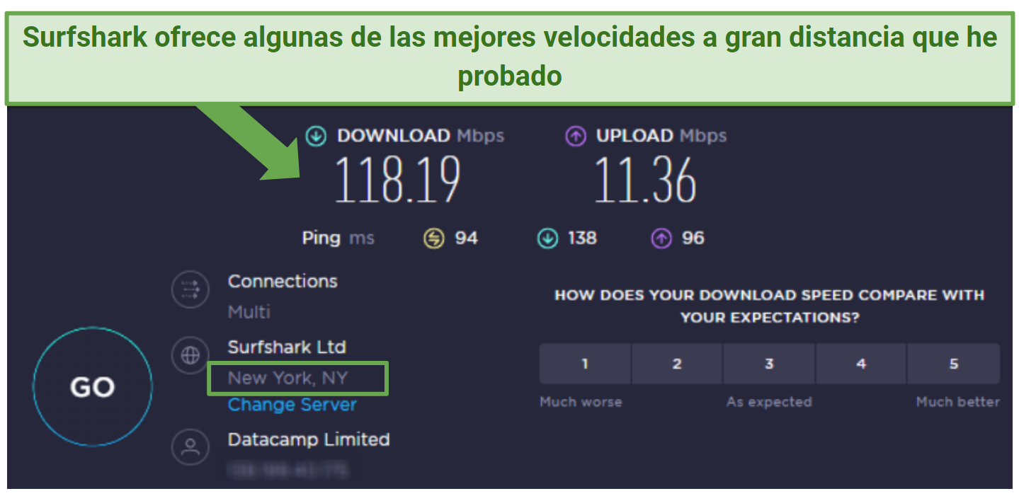 speed test result from Surfshark's New York server