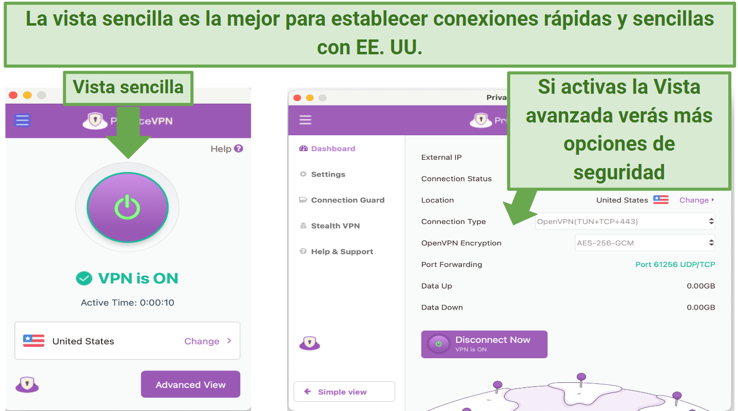 Screenshot showing PrivateVPN's Simple and Advanced views