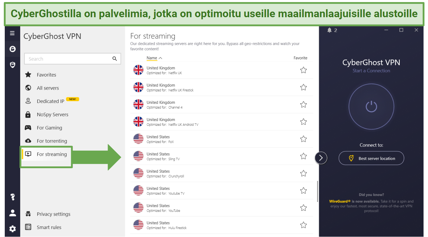 CyberGhost's Windows app displaying a list of streaming-optimized servers