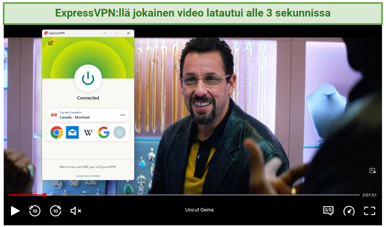 Screenshot of Netflix player streaming Uncut Gems while connected to ExpressVPN's Montreal server
