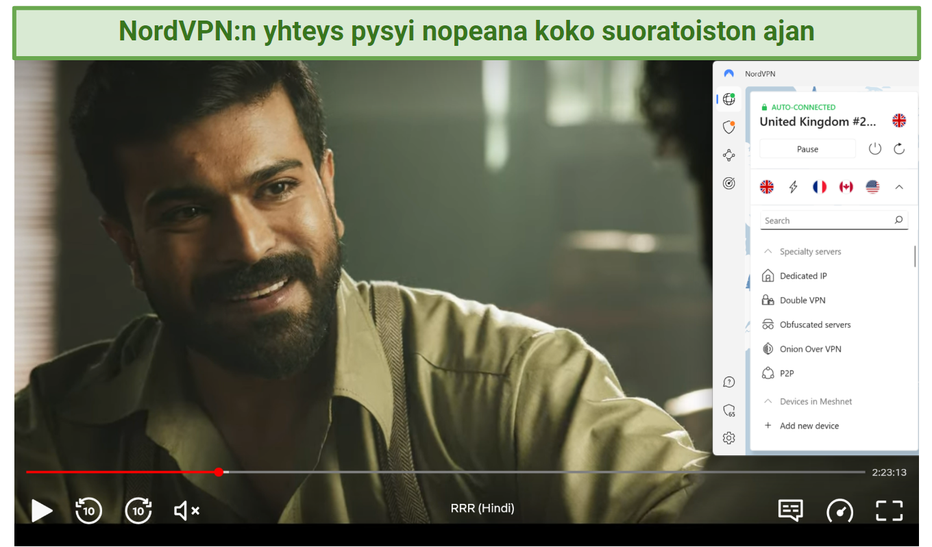 A screenshot of RRR playing on Netflix while connected to one of NordVPN's UK servers