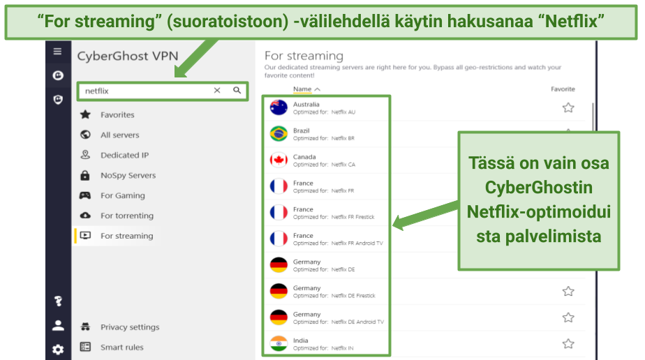 Screenshot displaying a list of CyberGhost's Netflix-optimized servers