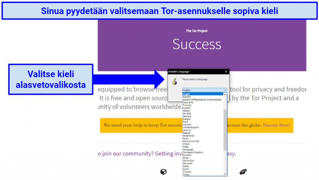 Instructions displaying how to select Tor's language preference