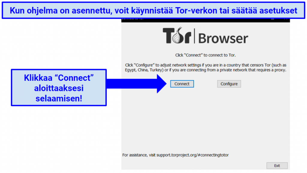 Instructions showing how to connect or configure Tor browser after installation