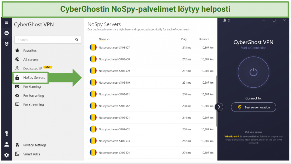 CyberGhost's Windows app displaying where to find its NoSpy servers