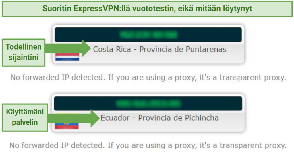 Leak test results showing that ExpressVPN successfully concealed my real IP address and location