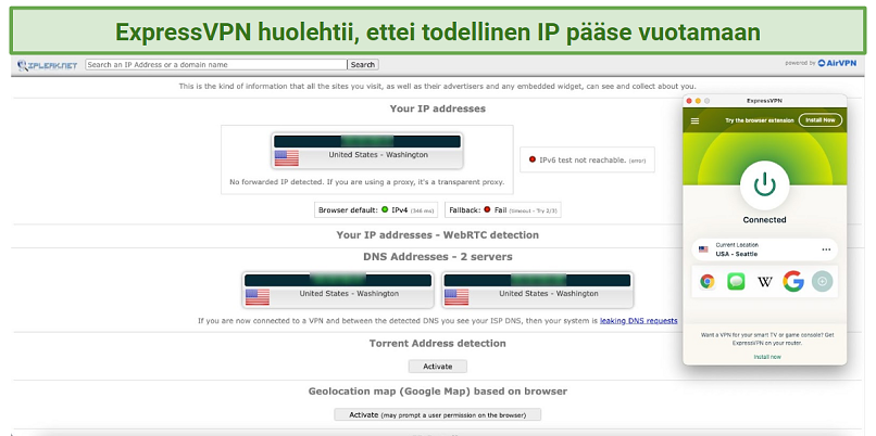 Screenshot showing ExpressVPN leak protection working