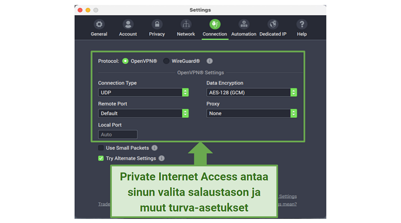 Graphic showing PIA security settings