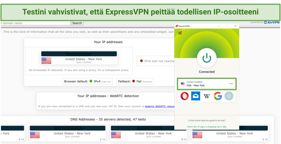 Screenshot of ExpressVPN passing leak tests connected to New York server