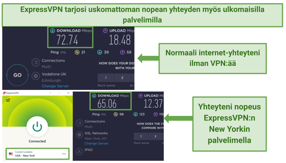 Screenshots of ExpressVPN's speed tests