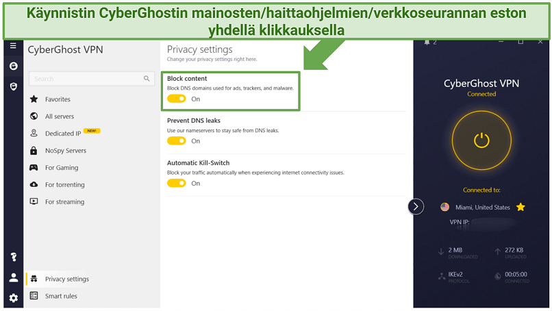 CyberGhost's Windows app displaying how to enable the built-in adblocker