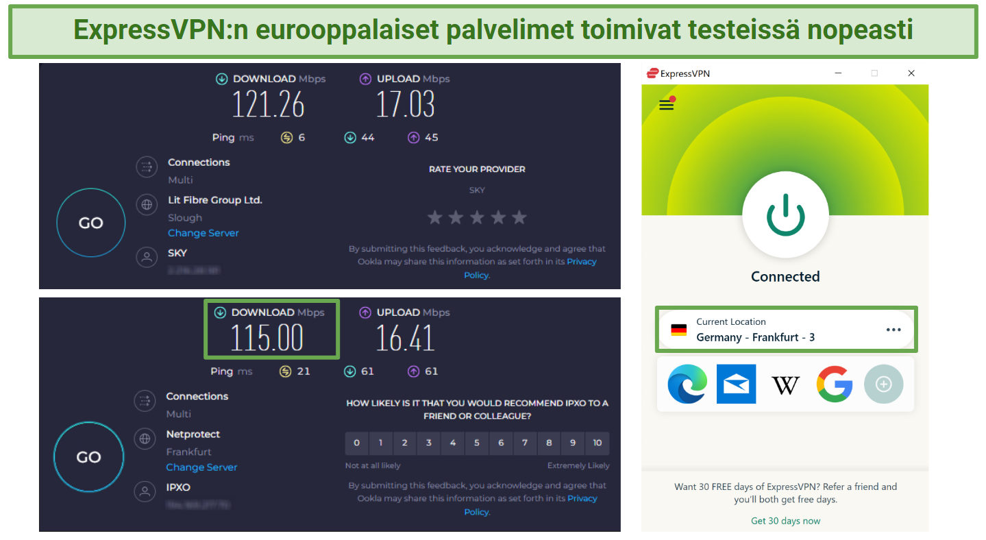 Screenshot of Ookla speed tests record with no VPN connected and while connected to ExpressVPN's Frankfurt 3 server