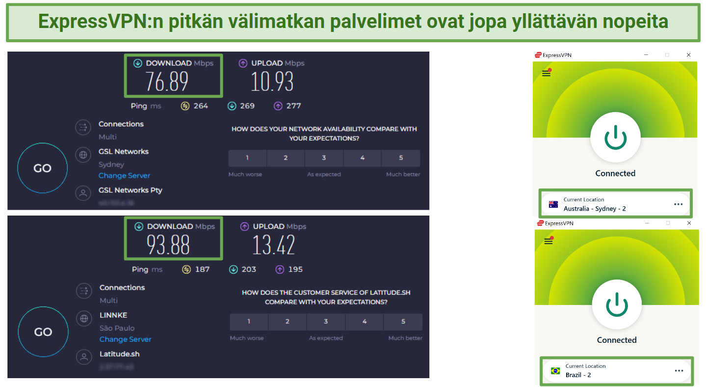 Screenshot of Ookla speed tests done with no VPN connected and while connected to ExpressVPN's Brazil 2 server