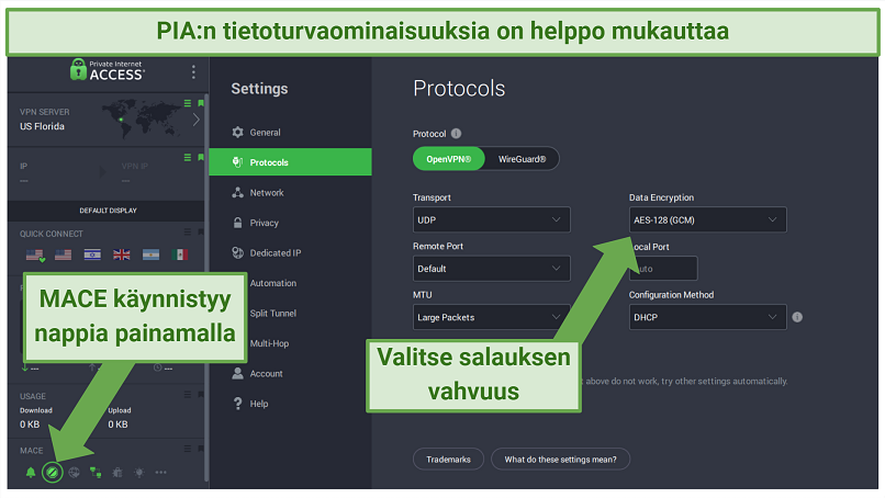 PIA Windows app displaying how to customize different security features and enable MACE