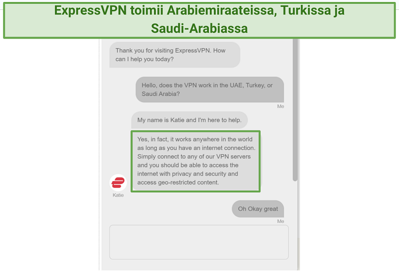 Screenshot of chat with ExpressVPN support staff confirming it works worldwide