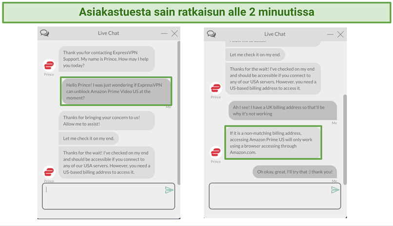 Screenshot of ExpressVPN's live chat support agent helping me access US Amazon Prime Video