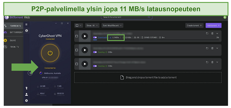 Screenshot of Bit Torrent downloading files while connected to CyberGhost