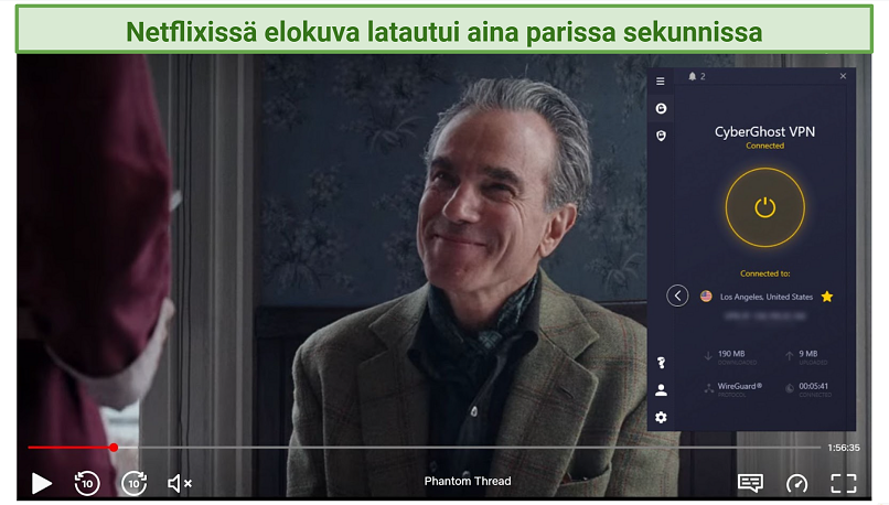 Screenshot of Netflix player streaming Phantom Thread while connected to CyberGhost VPN