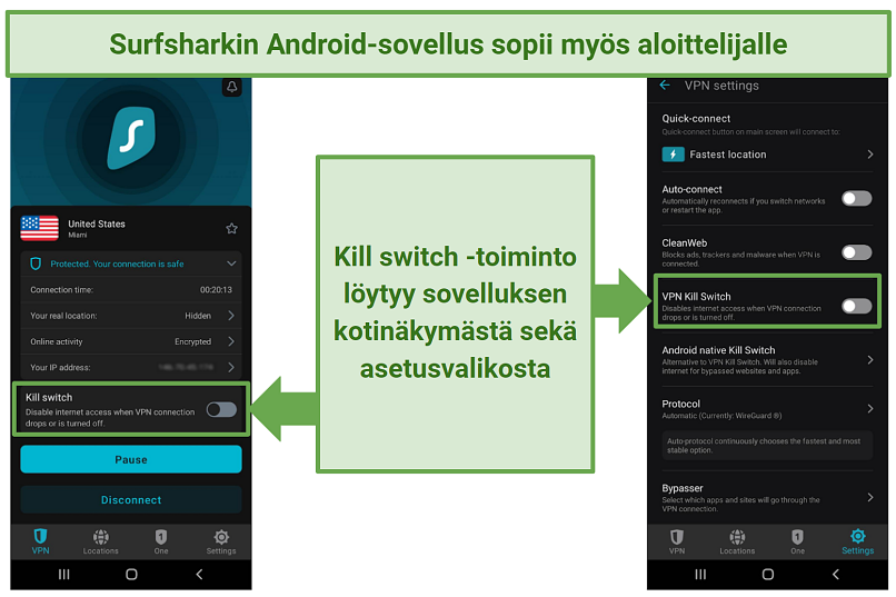 A screenshot of Surfshark's Android app showing the kill switch option on the main screen and in the Settings menu