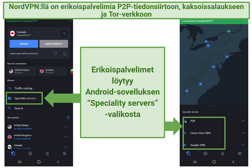 A screenshot of NordVPN's Android app showing the 3 different specialty server options