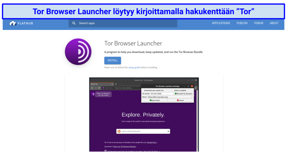 The Tor Browser Launcher page on Flathub, where Linux users can install Tor