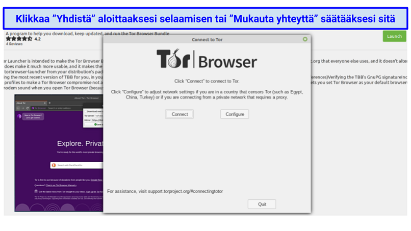 Tor on Linux, prompting the user to either connect to begin browsing or configure the app's network settings