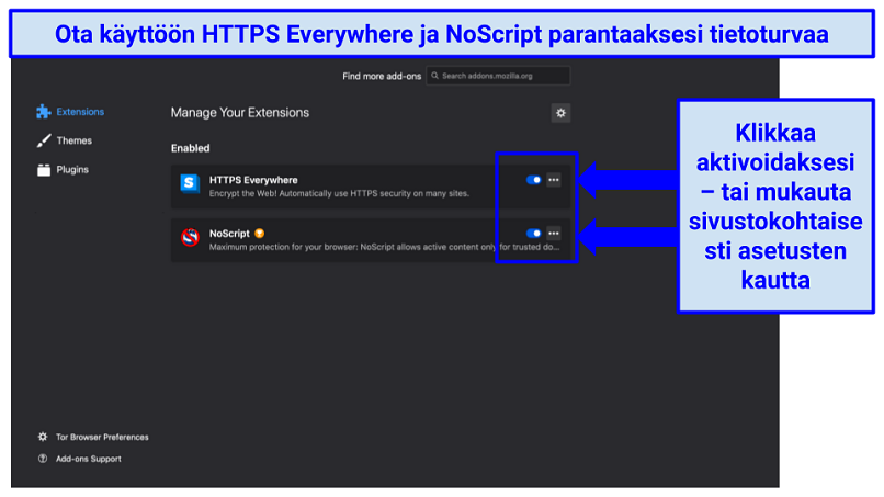 Tor's extension preferences, indicating how to enable, disable, and manage HTTPS Everywhere and NoScript